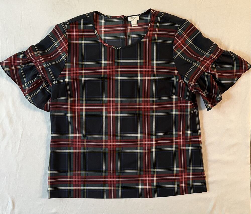 J. Crew Women's Size Medium Stewart Tartan Plaid Ruffle Short Sleeve Top Blouse